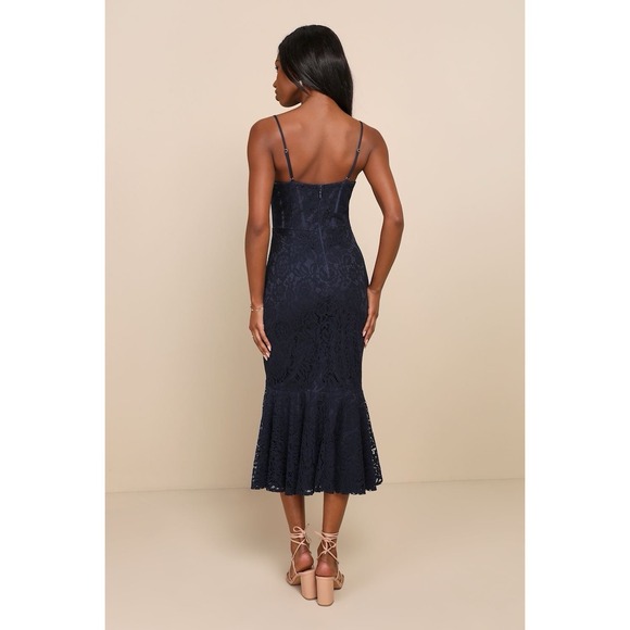 Lulus Found Your Love Navy Blue Lace Trumpet Midi Dress Small - Picture 2 of 10